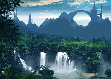Fantasy Landscape with Waterfalls and Towers