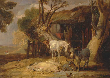 Farm Animals by a Cottage Painting