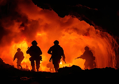 Soldiers in silhouette against fiery background