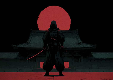 Hooded Samurai Warrior with Red Moon