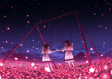 two girls on swings in flower field