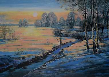 Winter Landscape Painting at Sunset