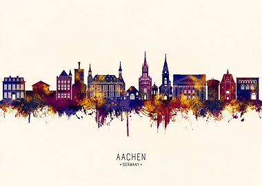 Aachen Germany Skyline Watercolor Art