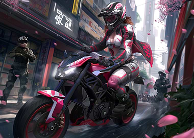 Cyberpunk Biker Girl on Motorcycle