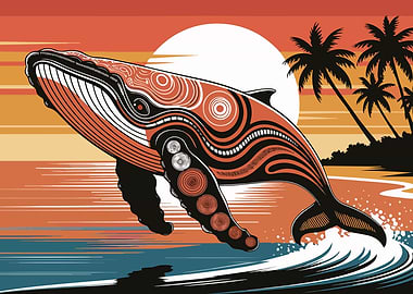 Whale breaching at sunset tropical island