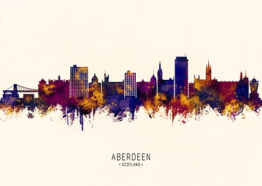 Aberdeen Scotland Skyline Watercolor Art