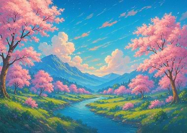 Cherry Blossom River Landscape