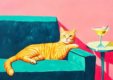 Sophisticated Cat with Martini on Couch