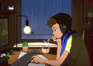 rainy day gaming setup illustration