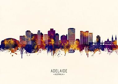 Adelaide Australia Skyline Watercolor Silhouette