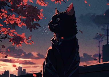 Black Cat and Autumn Leaves