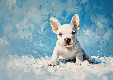 Bull Terrier Art | White Puppy Oil Painting on Blue
