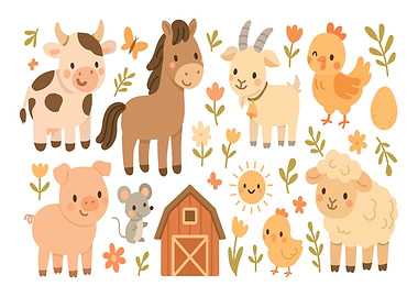 Cute Farm Animals Cartoon Illustration