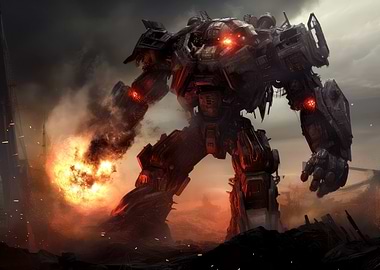 Giant Robot in a Smoky Landscape