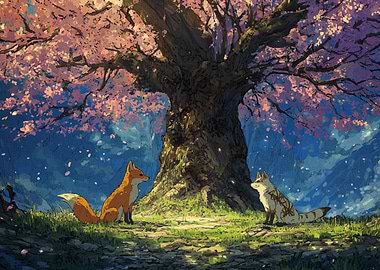Foxes under Cherry Blossom Tree