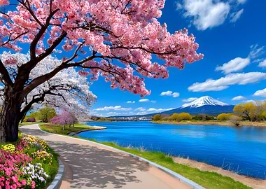 Cherry Blossoms and Mount Fuji Landscape