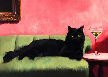 Black Cat with Martini Painting