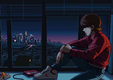 pixel art boy gazing at cityscape