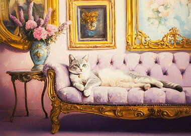 Cat on Lavender Couch with Art