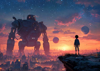 Boy Robot Cityscape Sunset