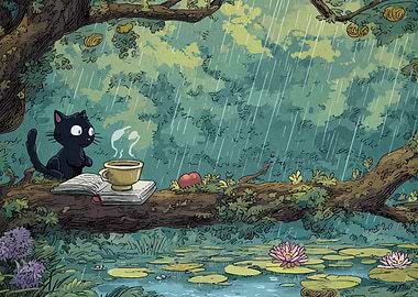 Rainy Day Cat with Coffee