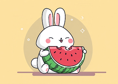 Cute Bunny Eating Watermelon Cartoon