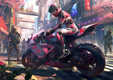 Cyberpunk Rider in Asian Cityscape