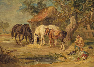 Horses Eating Hay in Rural Landscape