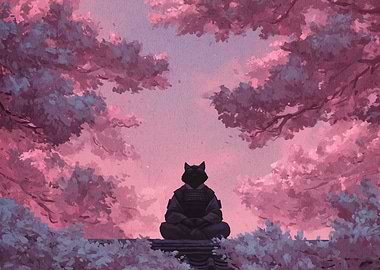 Samurai Cat in Pink Blossom Garden