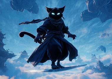 Mystical Cat Samurai Surfing the Sky