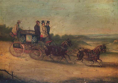 Horse-drawn carriage with passengers painting