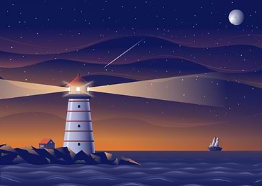lighthouse at night with sailing ship