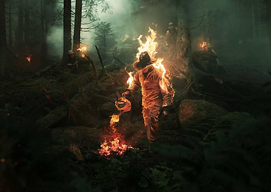 burning man in dark forest