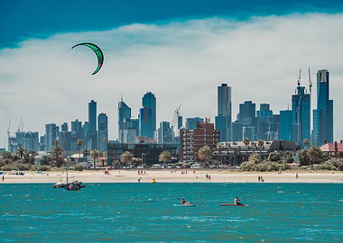 Melbourne cityscape with beach and ocean