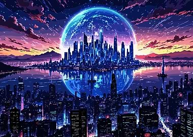 Futuristic Cityscape with Planet Backdrop