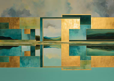 Abstract Landscape with Geometric Gold Accents