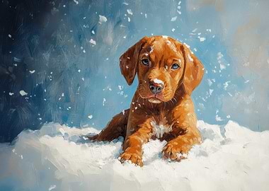 Vizsla Puppy in Snow | Winter Puppy Painting