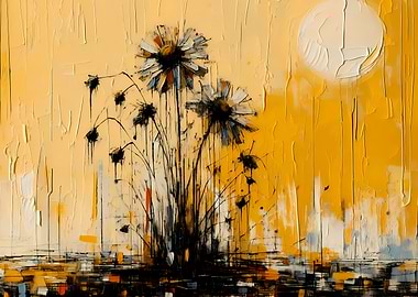 Abstract Floral Painting with Yellow Background