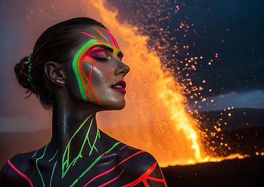 Neon Woman with Volcanic Backdrop