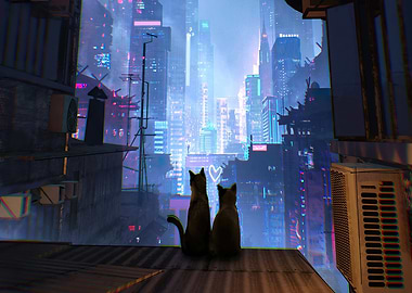 Cats Gazing at Cyberpunk Cityscape