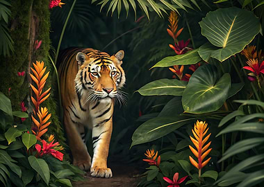 Tiger in Lush Tropical Jungle