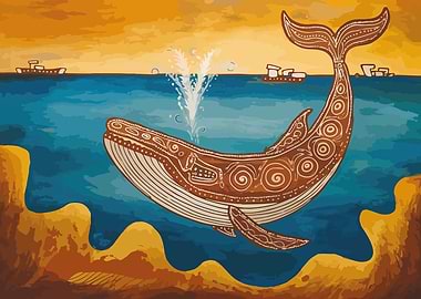 Whale in Ocean with Ships