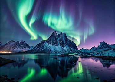 Aurora Borealis over Mountains and Lake Nature