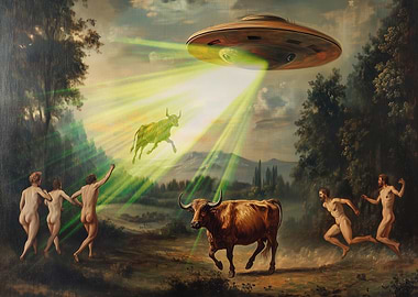UFO Abduction of a Bull Painting