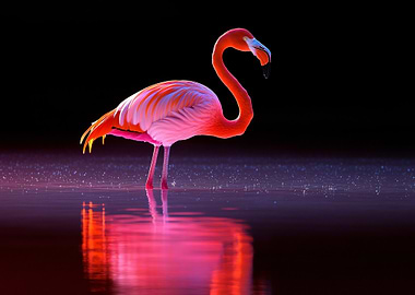 Flamingo in Water with Reflection