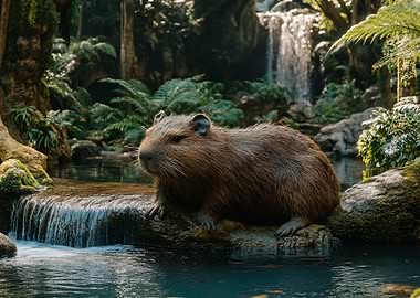 Capybara in Lush Waterfall Setting