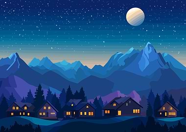 Night Mountain Village Landscape Illustration
