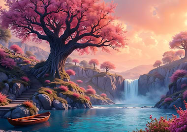 Pink Blossom Tree Waterfall Landscape