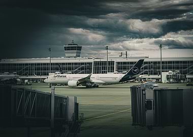 Lufthansa Airplane at Airport Terminal
