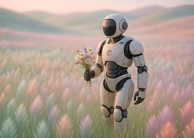 Robot with Wildflowers in a Pastel Fiber Optic Meadow